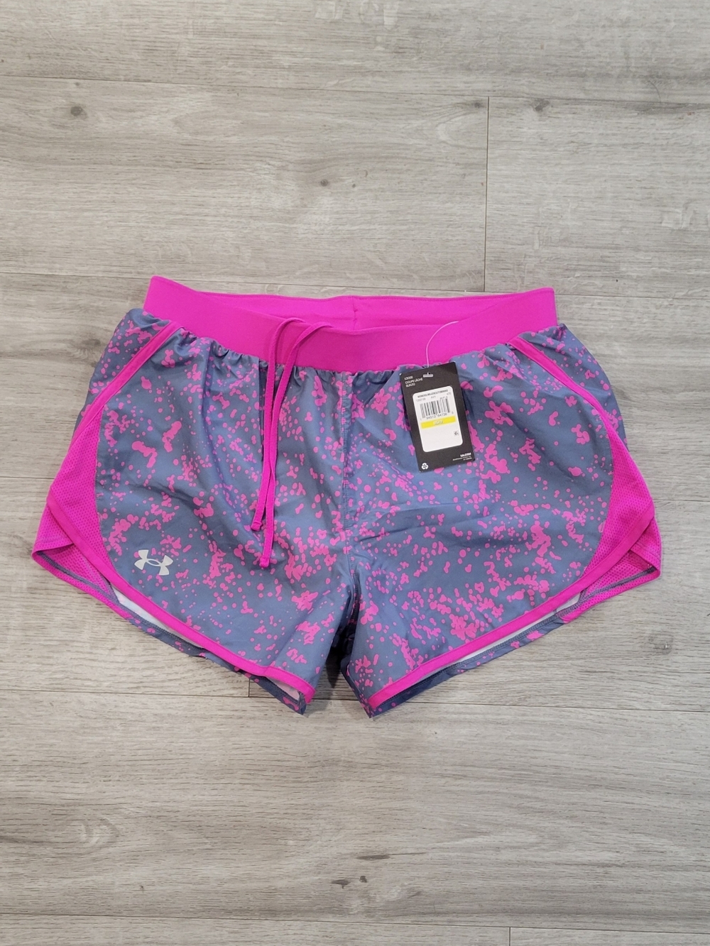 Under Armour Women’s Gray Shorts with Bright Pink Splatter and Waistband